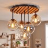Boho plafondlamp Gastor, houten lamellen, 5 glazen bollen in rookkleurig, amber en helder