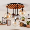 Boho plafondlamp Gastor, houten lamellen, 5 glazen bollen in rookkleurig, amber en helder