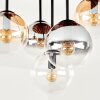 Boho plafondlamp Gastor, houten lamellen, 5 glazen bollen in rookkleurig, amber en helder