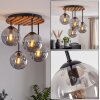 Cluster-plafondlamp Gastor met 4 rookglazen bollen, moderne houten lamellenplaat