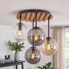 Moderne plafondlamp Gastor met glazen bollen in rookkleurig, amber en helder, houten lamellen