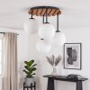 Cluster-plafondlamp Gastor met vier witte glazen bollen en houten lamellenplaat