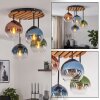 Boho plafondlamp Koyoto met houten lamellenplaat, 4 bollen in blauw en groen
