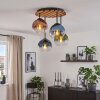 Boho plafondlamp Koyoto met houten lamellenplaat, 4 bollen in blauw en groen