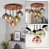 Boho cluster-plafondlamp Gastor met houten lamellenplaat en 5 glazen bollen
