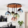 Boho cluster-plafondlamp Gastor met houten lamellenplaat en 5 glazen bollen