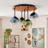 Cluster-plafondlamp Koyoto met houten lamellenplaat, gouden bollen voor de eettafel