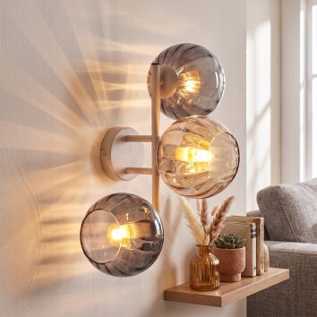 3-lichts wandlamp Koyoto met verticale cluster, rook- en amberkleurige kappen