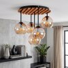 Boho cluster-plafondlamp Koyoto met houten lamellenplaat en 5 amberkleurige glazen bollen