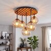 Boho cluster-plafondlamp Koyoto met houten lamellenplaat en 5 amberkleurige glazen bollen