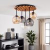 Plafondlamp Koyoto met houten lamellenplaat en vijf glazen schermen voor de eettafel