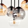 Plafondlamp Koyoto met houten lamellenplaat en vijf glazen schermen voor de eettafel