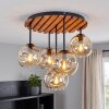 Plafondlamp Ripoll met houten lamellenplaat en amberkleurige glazen bollen voor de eettafel