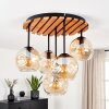 Plafondlamp Ripoll met houten lamellenplaat en amberkleurige glazen bollen voor de eettafel