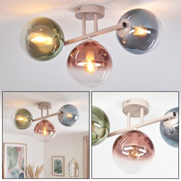 Zandkleurige moderne cluster-plafondlamp Gastor met drie gekleurde glazen bollen