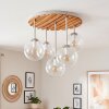 Ronde moderne plafondlamp Gastor met 5 heldere glazen bollen en houten lamellen
