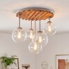 Ronde moderne plafondlamp Gastor met 5 heldere glazen bollen en houten lamellen