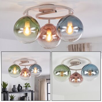 Moderne plafondlamp Gastor met 3 glazen bolschermen in blauw, groen en koperkleurig