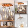 Cluster-plafondlamp Koyoto met 4 heldere glazen bollen en houten lamellenplaat