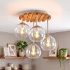 Cluster-plafondlamp Koyoto met 4 heldere glazen bollen en houten lamellenplaat