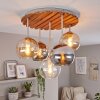 Boho cluster-plafondlamp Koyoto met houten lamellenplaat en 5 bollen