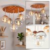 Cluster-plafondlamp Koyoto, houten lamellenplaat, 5 bollen in amber, rook en helder glas