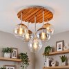 Cluster-plafondlamp Koyoto, houten lamellenplaat, 5 bollen in amber, rook en helder glas