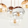 Cluster-plafondlamp Koyoto, houten lamellenplaat, 5 bollen in amber, rook en helder glas