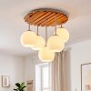 Plafondlamp Koyoto met vijf glazen bollen, houten lamellenplaat in natuurlijke kleuren