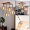 Moderne plafondlamp Gastor met 4 glazen bollen in amber en helder, zandkleurig armatuur