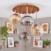 Boho plafondlamp Gastor met lamellenplaat en 4 glazen bollen in helder, rook en amber