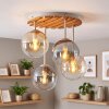 Boho plafondlamp Gastor met lamellenplaat en 4 glazen bollen in helder, rook en amber