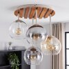 Moderne Cluster-plafondlamp Koyoto met houten lamellenplaat en 4 glazen bolkappen