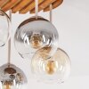 Moderne Cluster-plafondlamp Koyoto met houten lamellenplaat en 4 glazen bolkappen