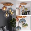Plafondlamp Gastor, houten lamellenplaat, 4 glazen bollen in blauw, groen, koper en helder