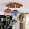 Plafondlamp Gastor, houten lamellenplaat, 4 glazen bollen in blauw, groen, koper en helder