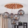 Cluster-plafondlamp Koyoto met 5 rookglazen bollen en zandkleurige houten lamellenplaat