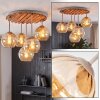 Cluster-plafondlamp Koyoto met houten lamellenplaat en 5 amberkleurige bollen
