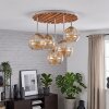 Cluster-plafondlamp Koyoto met houten lamellenplaat en 5 amberkleurige bollen