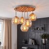 Cluster-plafondlamp Koyoto met houten lamellenplaat en 5 amberkleurige bollen