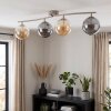 Moderne plafondlamp Gastor met gebogen armatuur en 4 glazen bollen in rook en amber