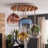 Boho plafondlamp Koyoto met houten lamellenplaat en 4 glazen bollen, E14