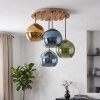Cluster-plafondlamp Koyoto, 4 glazen bollen in blauw, groen en goud, houten lamellen