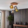 Cluster-plafondlamp Koyoto, 4 glazen bollen in blauw, groen en goud, houten lamellen