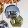 Cluster-plafondlamp Koyoto, 4 glazen bollen in blauw, groen en goud, houten lamellen