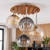Cluster-plafondlamp Koyoto met houten lamellen, 4 glazen bollen in amber en rookkleurig