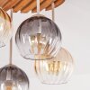Cluster-plafondlamp Koyoto met houten lamellen, 4 glazen bollen in amber en rookkleurig