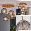 Boho cluster-plafondlamp Koyoto met 4 rookglazen bollen en houten lamellen