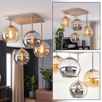 Moderne cluster-plafondlamp Koyoto met 4 glazen bollen in chroom, rookkleurig en amber