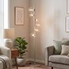 Moderne Cluster-vloerlamp Koyoto met 6 heldere glazen bollen met zandkleurig metalen frame